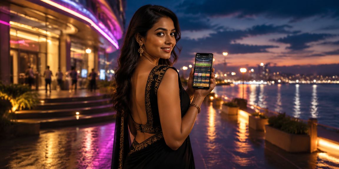 Chennai Marina Beach illuminated with casino app neon graphics